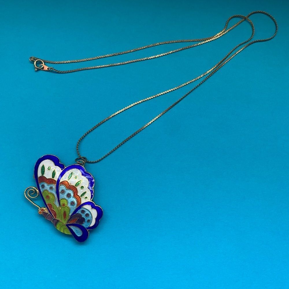 70s butterfly pendant gold tone necklace cloisonne enamel blue green vintage EUC - Picture 13 of 14